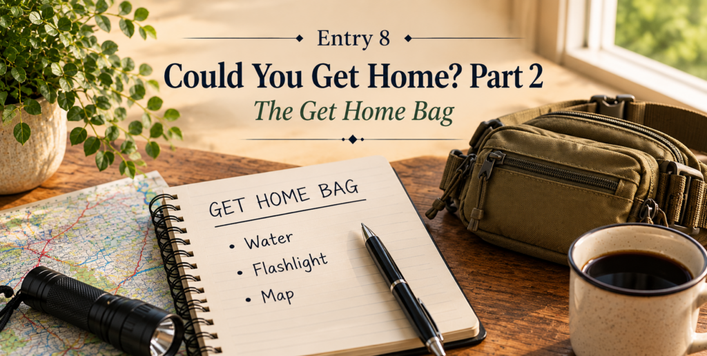 notebook on table with pen, cup of coffeed and get home bag
